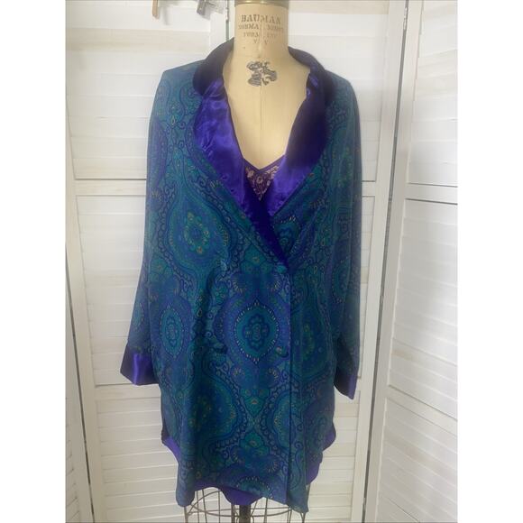 90s 2 Piece Set Victoria’s Secret Gold Label Paisley Satin Wrap Robe & Chemise M - Picture 1 of 12
